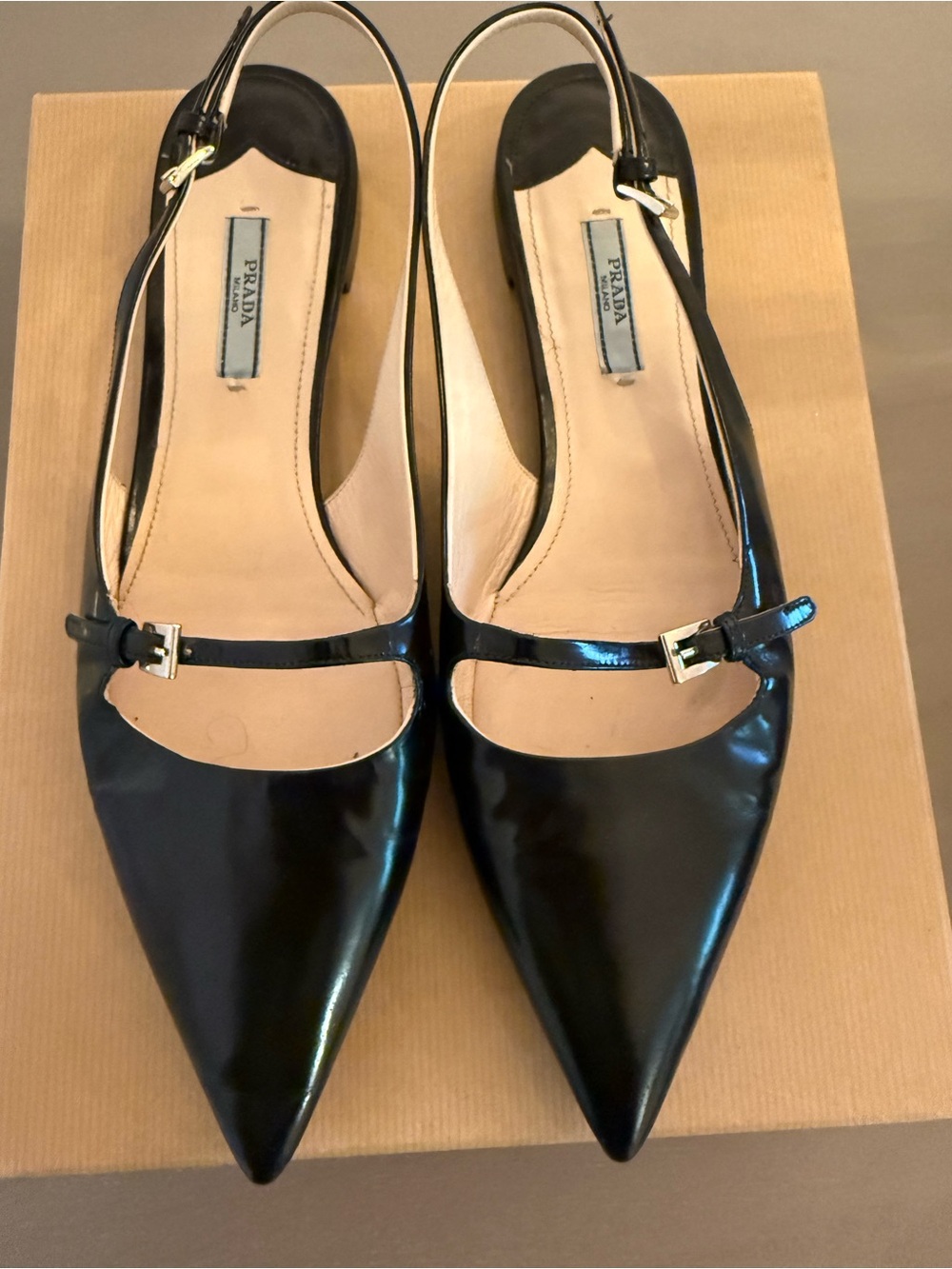 Prada Black Patent Leather Pointed Slingback Flats with Gold Buckles